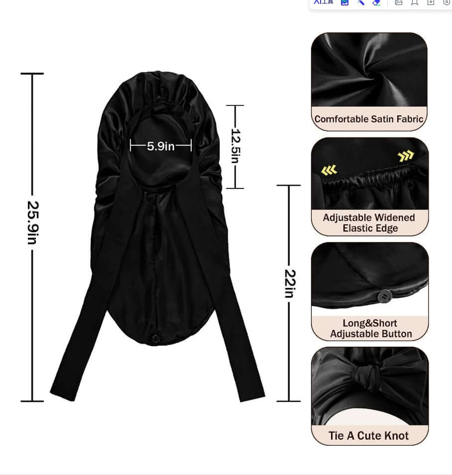 No Slip-Off Long Tie Band Adjustable Satin Bonnet Cap for Braids - Celegant Beauty