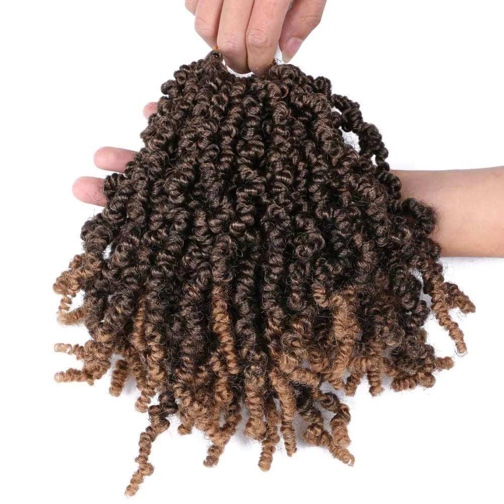 8 Packs 8" Short Pre-Looped Synthetic Spring Pre-Twisted Bob Crochet Braid Hair Extension in a hand showing bouncy curls.