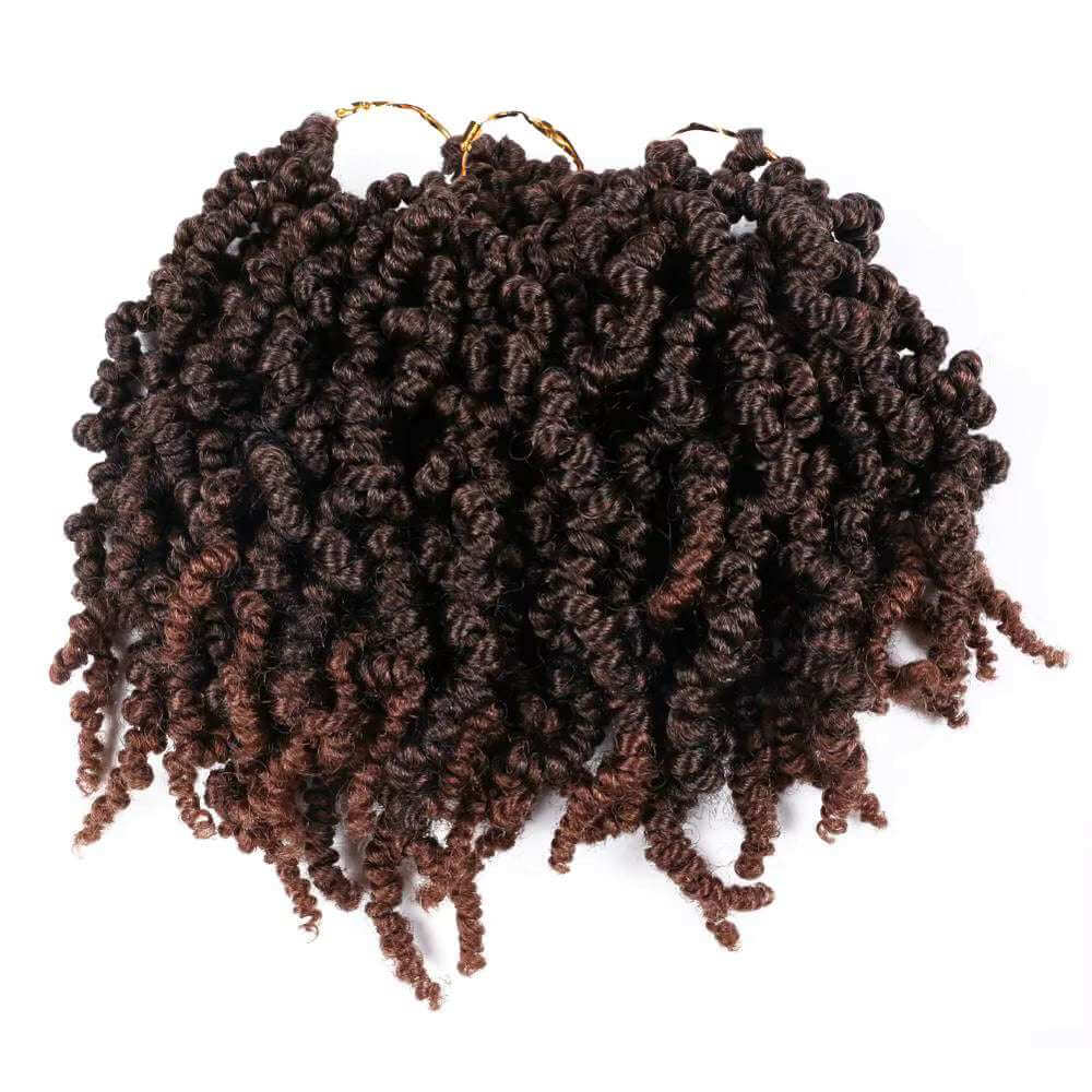 8 Packs 8" Short Pre-Looped Synthetic Spring Pre-Twisted Bob Crochet Braid Hair Extension in dark brown curls.