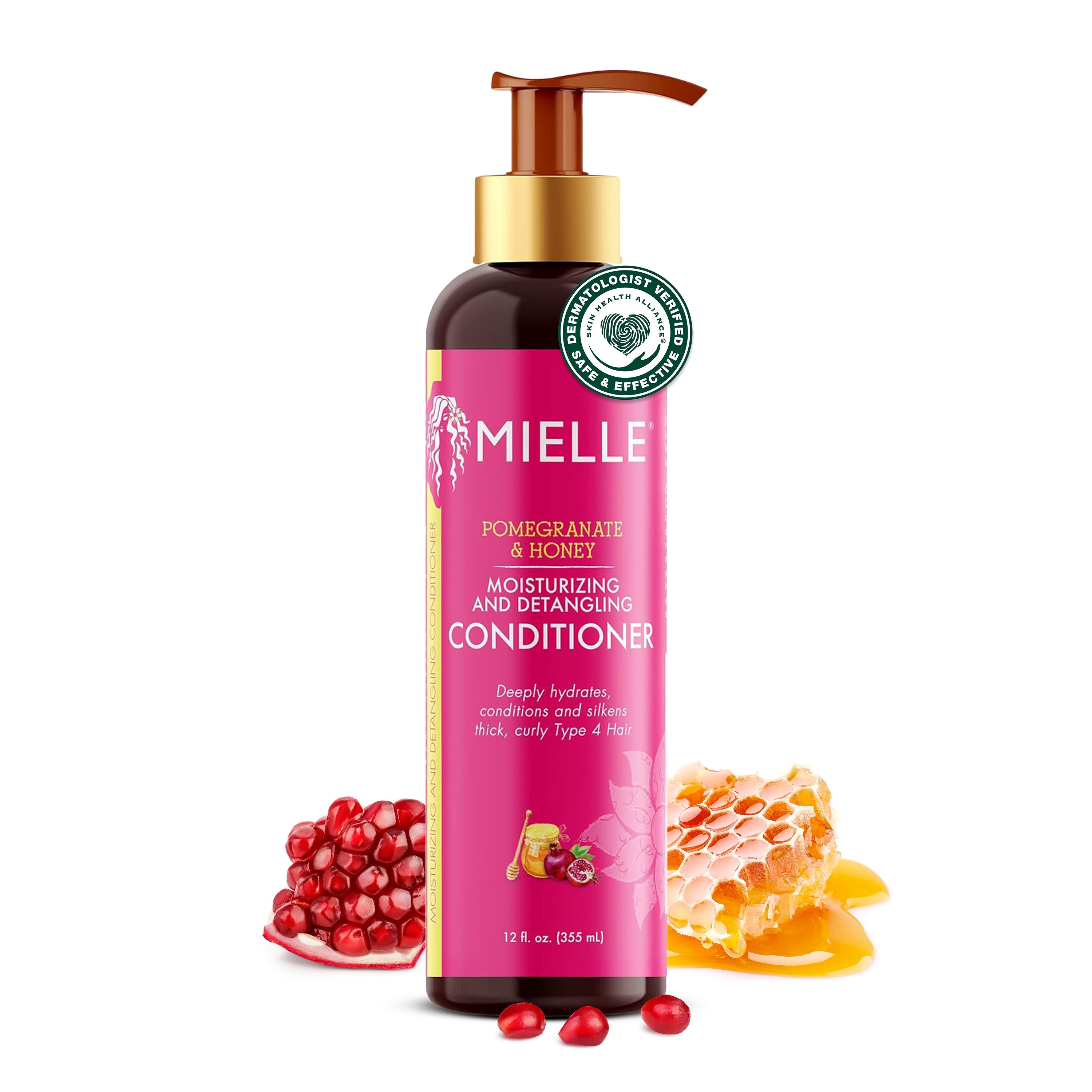 MIELLE Pomegranate & Honey Moisturizing and Detangling Conditioner (12oz) with pomegranate and honey ingredients.