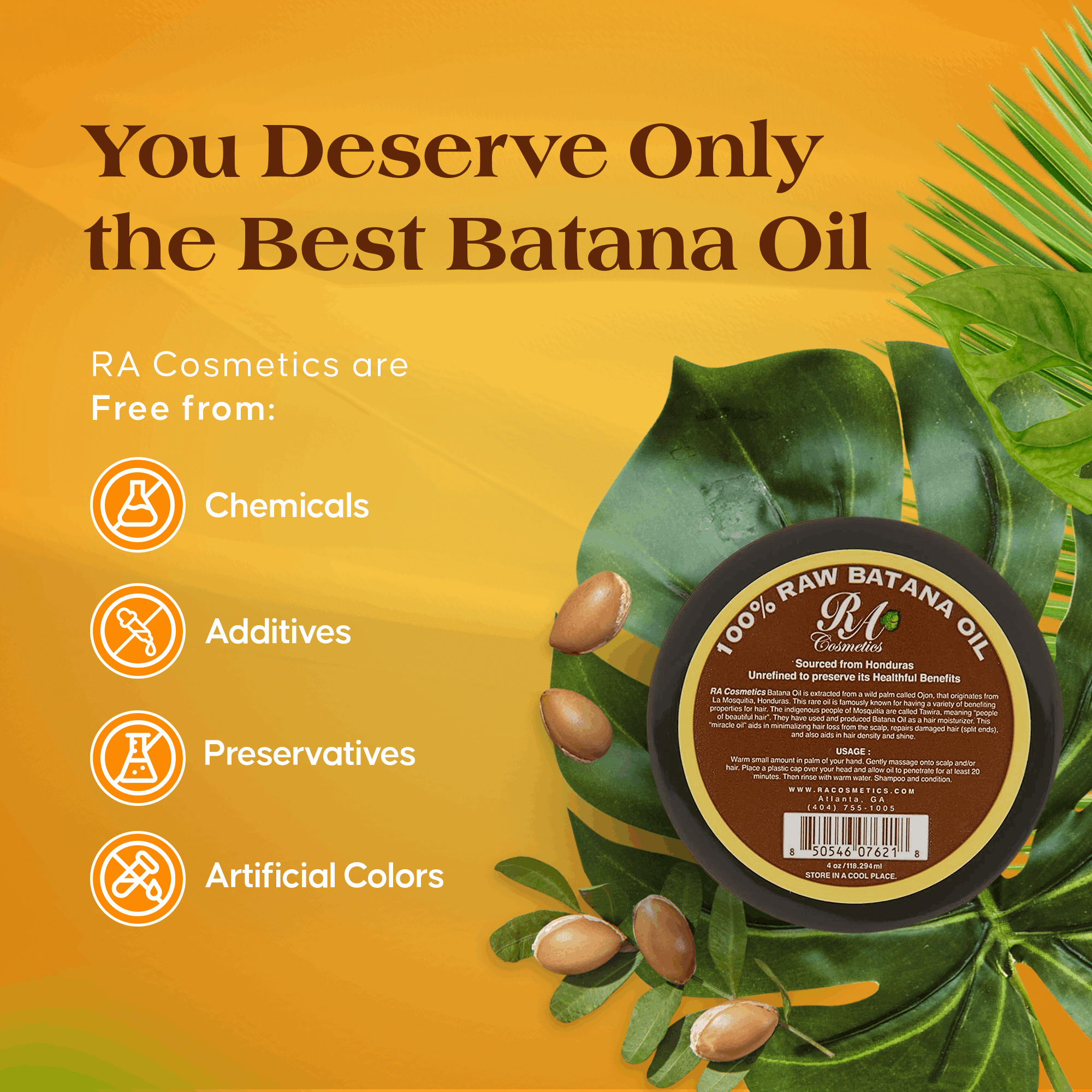 RA COSMETICS 100% Raw Batana Oil for hair (4oz) with natural ingredients and benefits highlighted.