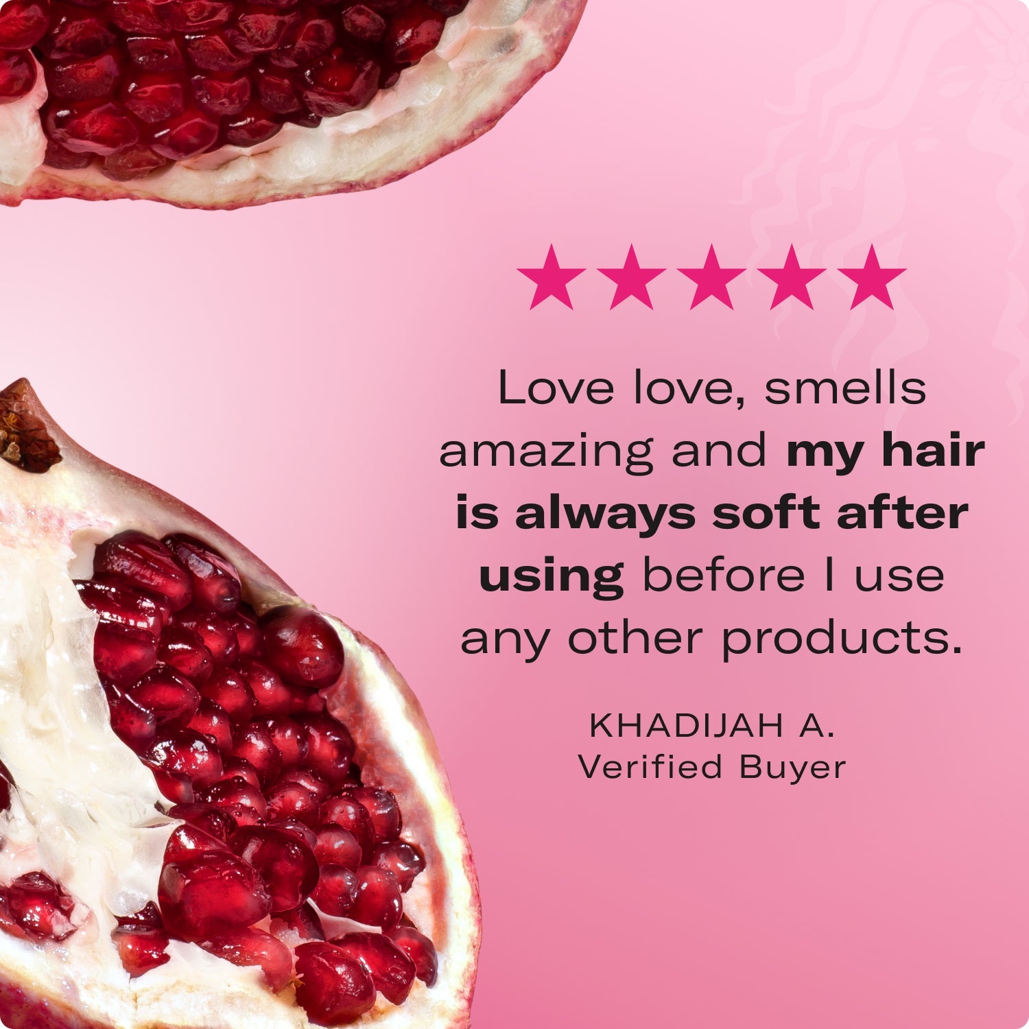 MIELLE Pomegranate & Honey Conditioner review quote with pomegranate background and five-star rating.