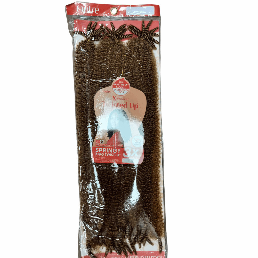 Outre X-Pression Twisted Up - Springy Afro Twist Crochet Braid 3X- 24" in packaging showcasing synthetic texture.