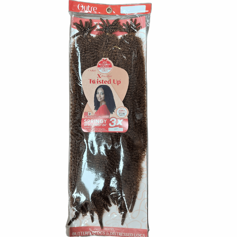 Outre X-Pression Twisted Up - Springy Afro Twist Crochet Braid 3X- 24" package with model image and synthetic fibers.