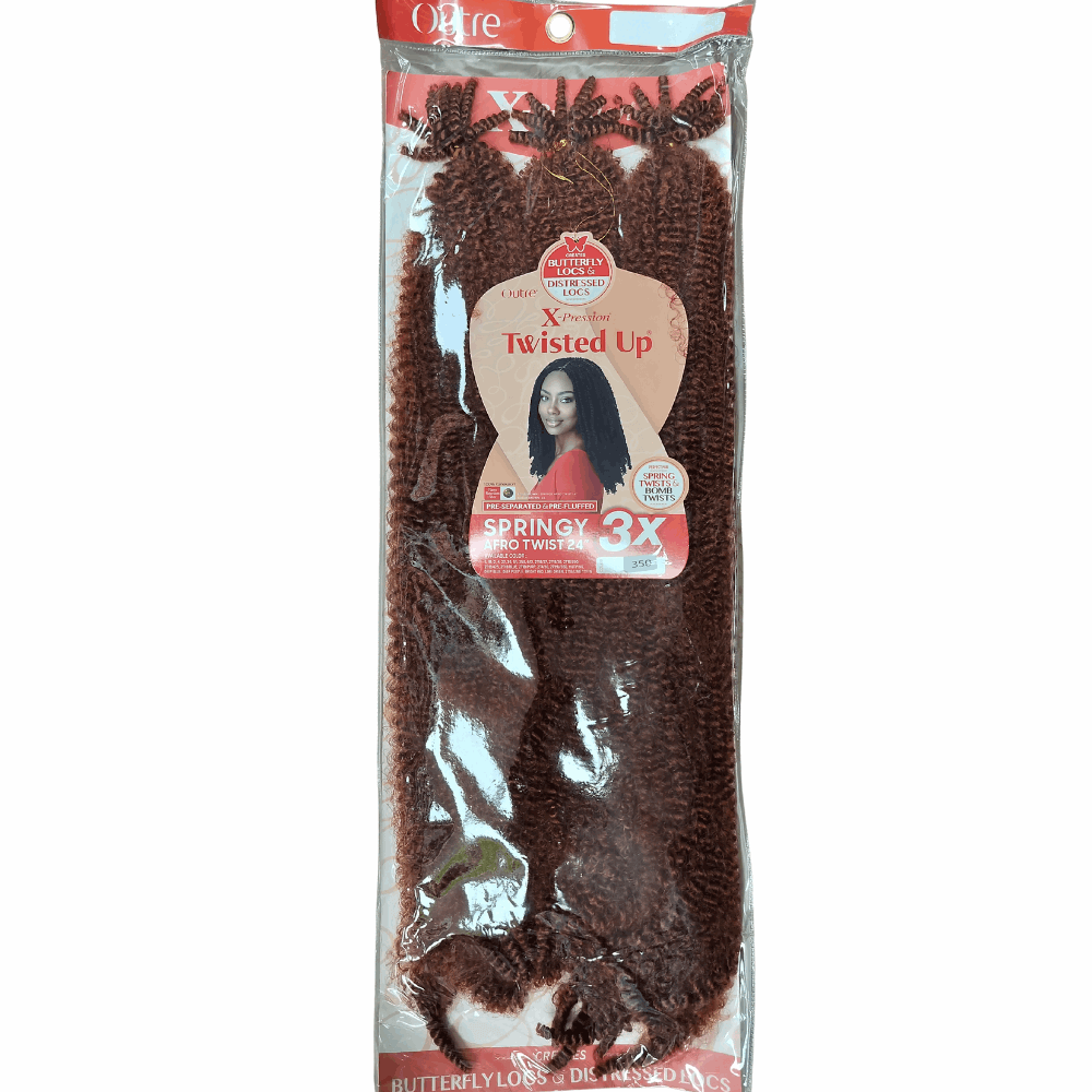 Outre X-Pression Twisted Up - Springy Afro Twist Crochet Braid 3X- 24" in packaging, perfect for stylish twist hairstyles.