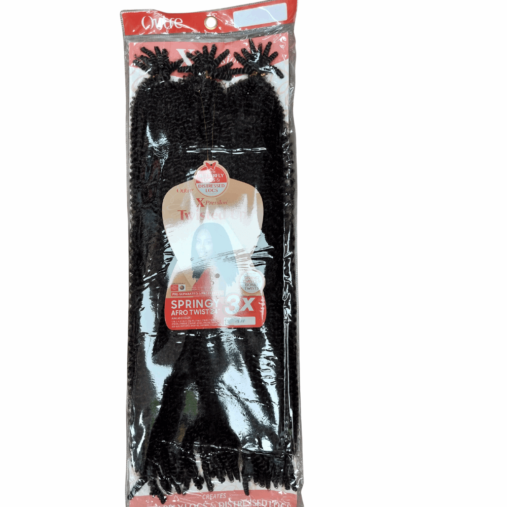 Outre X-Pression Twisted Up - Springy Afro Twist Crochet Braid 3X- 24" in packaging, showcasing synthetic twisted fibers.