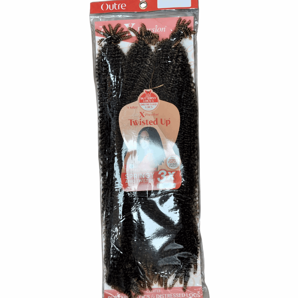 Outre X-Pression Twisted Up - Springy Afro Twist Crochet Braid 3X- 24" packaging showcasing soft, synthetic twisted braids.