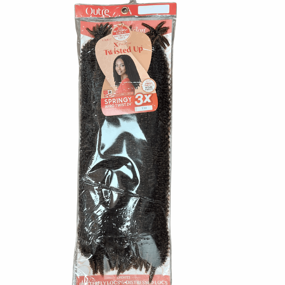 Outre X-Pression Twisted Up - Springy Afro Twist Crochet Braid 3X- 24" in packaging, showcasing the synthetic braid style.