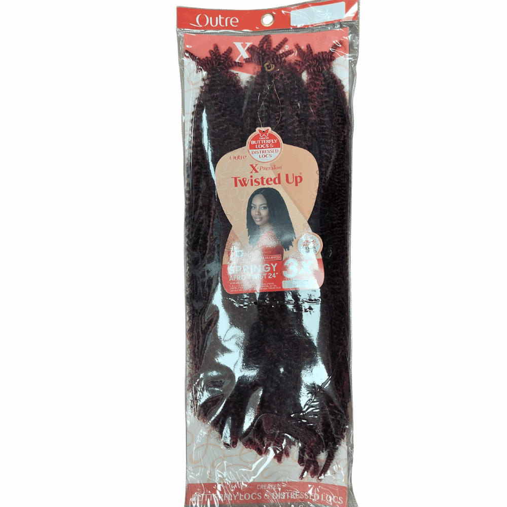 Outre X-Pression Twisted Up - Springy Afro Twist Crochet Braid 3X- 24" in packaging, showcasing synthetic fibers.