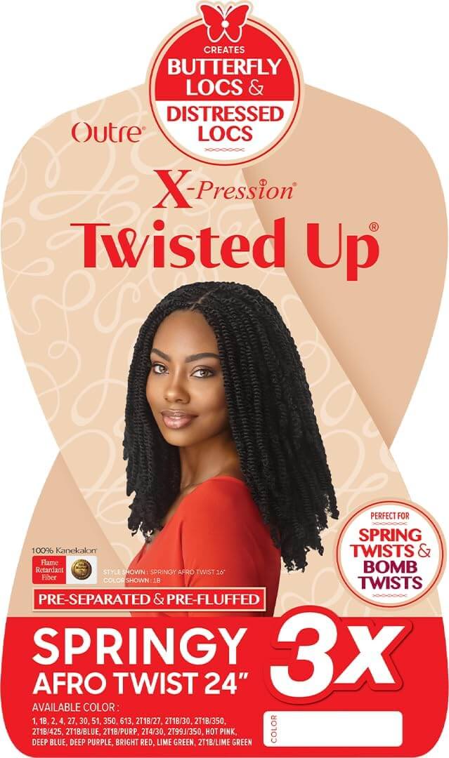 Outre X-Pression Twisted Up - Springy Afro Twist Crochet Braid 3X- 24" package showcasing pre-separated and pre-fluffed design.