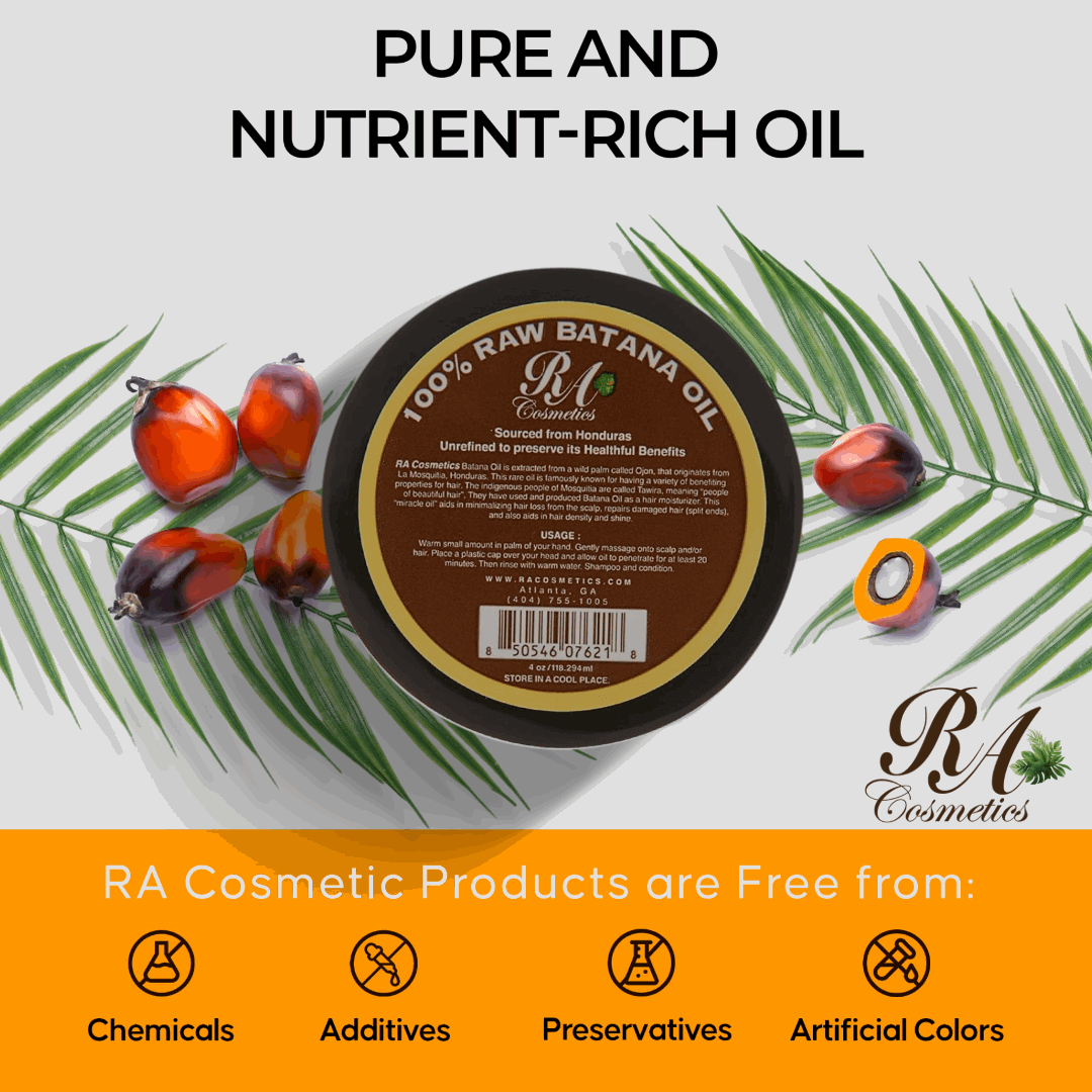 RA COSMETICS 100% Raw Batana Oil for hair (4oz) in a jar surrounded by tropical leaves and batana seeds.