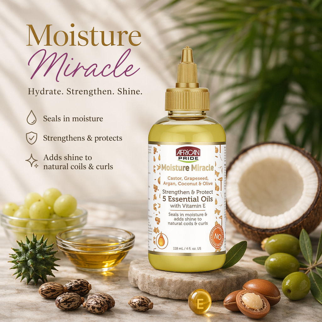 AFRICAN PRIDE Moisture Miracle Castor, Grapeseed, Argan, Coconut & Olive Essential Oil (4oz) - benefit