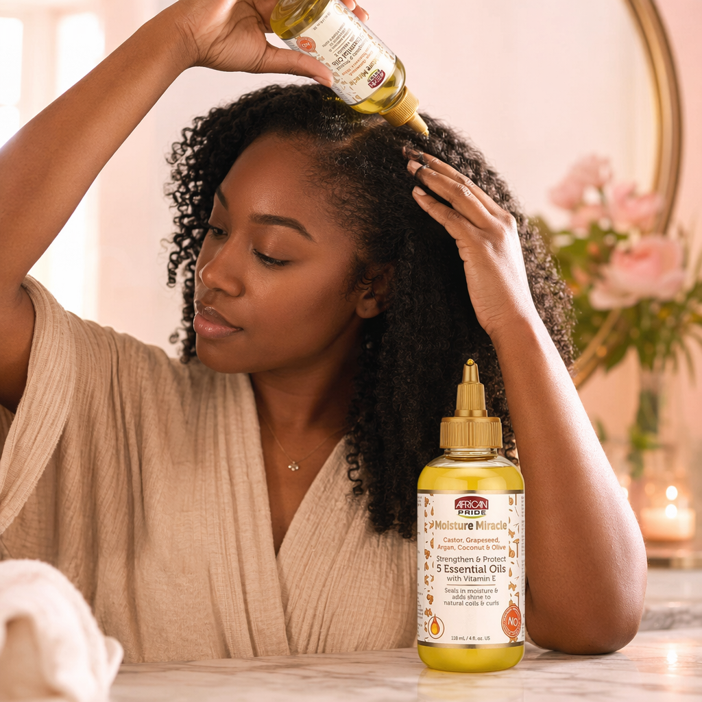 AFRICAN PRIDE Moisture Miracle Castor, Grapeseed, Argan, Coconut & Olive Essential Oil (4oz) - usage