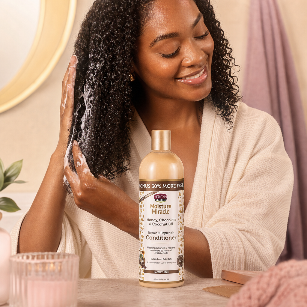 AFRICAN PRIDE Moisture Miracle Honey, Chocolate & Coconut Oil Conditioner (16oz) - usage