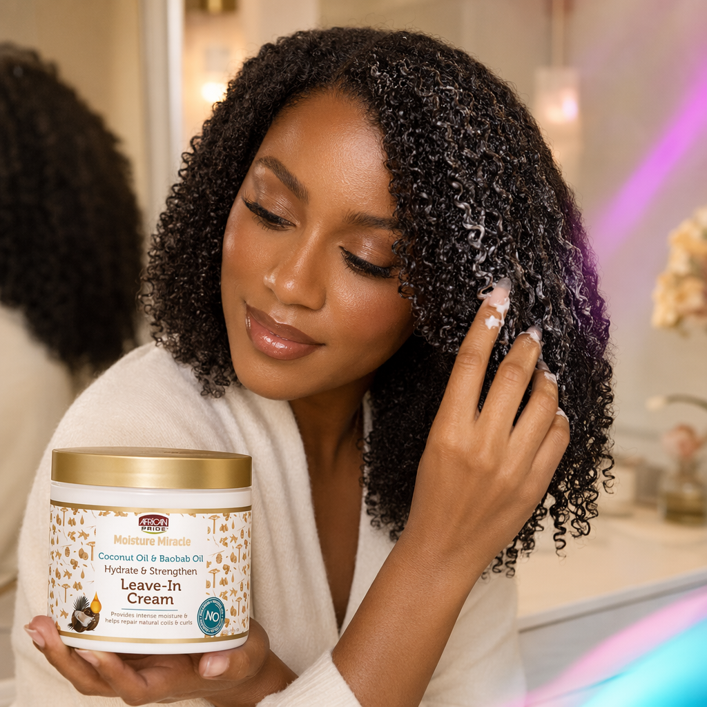 AFRICAN PRIDE Moisture Miracle Coconut & Baobab Oil Leave In Cream (15oz) - usage