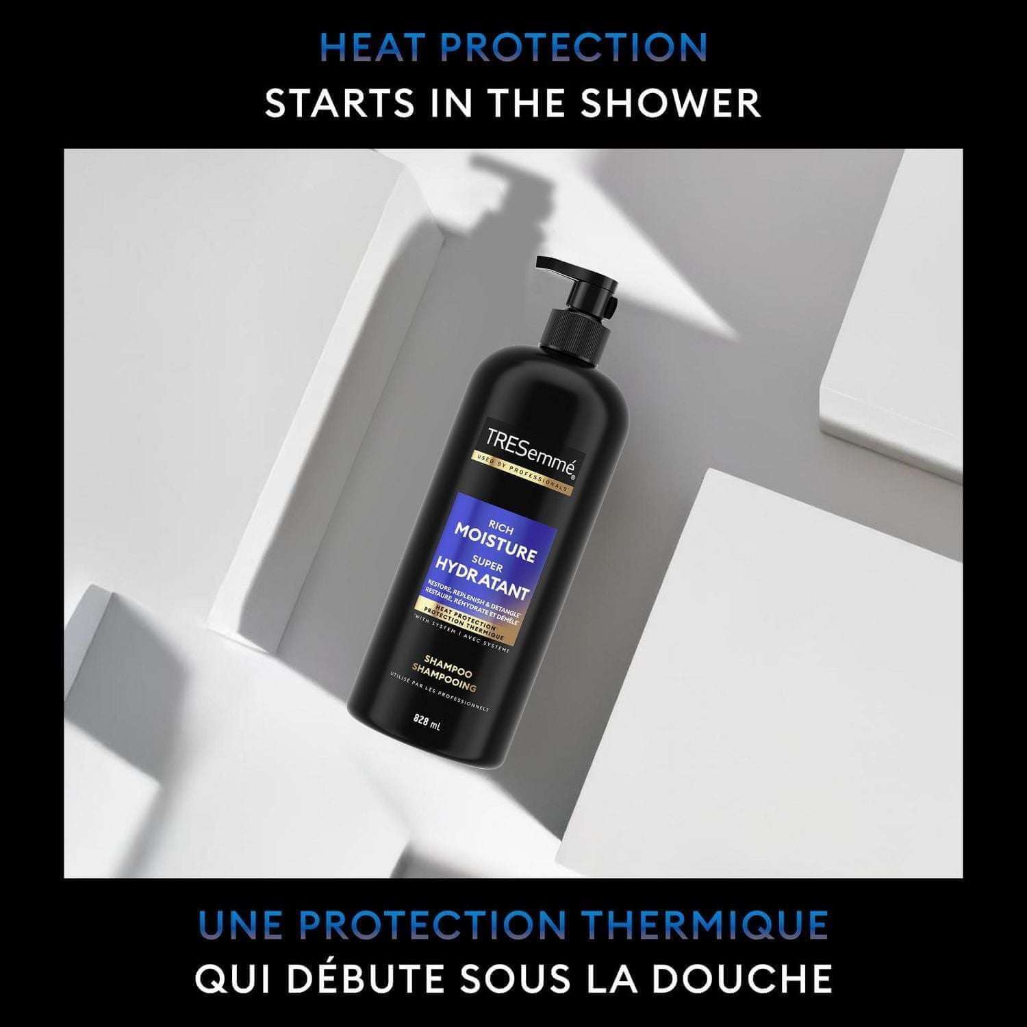 TRESemmé Rich Moisture+ Hyaluronic Plex Hydrating Shampoo bottle on display with heat protection message.