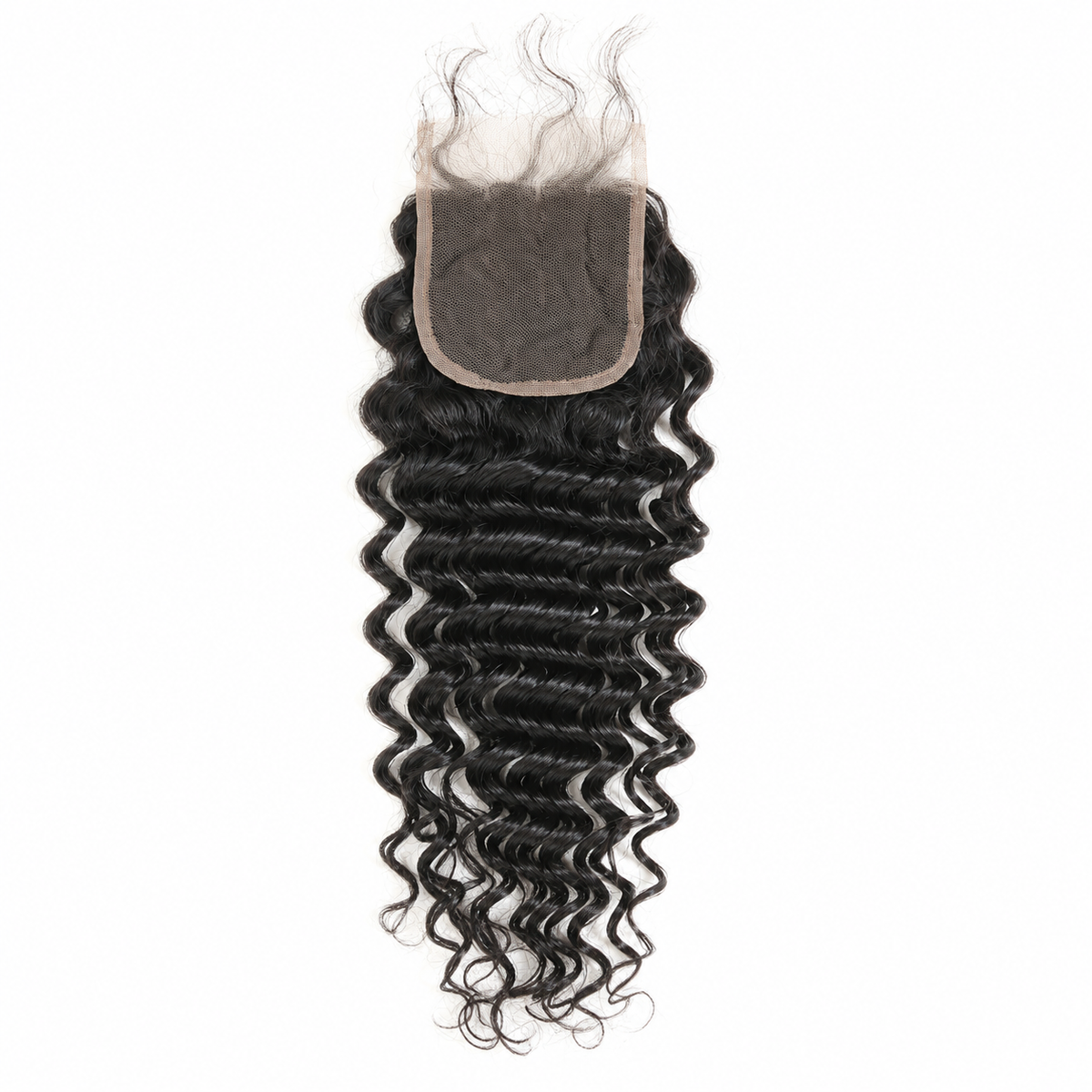 4x4 transparent lace closure in natural black deep wave Remy human hair with a middle part