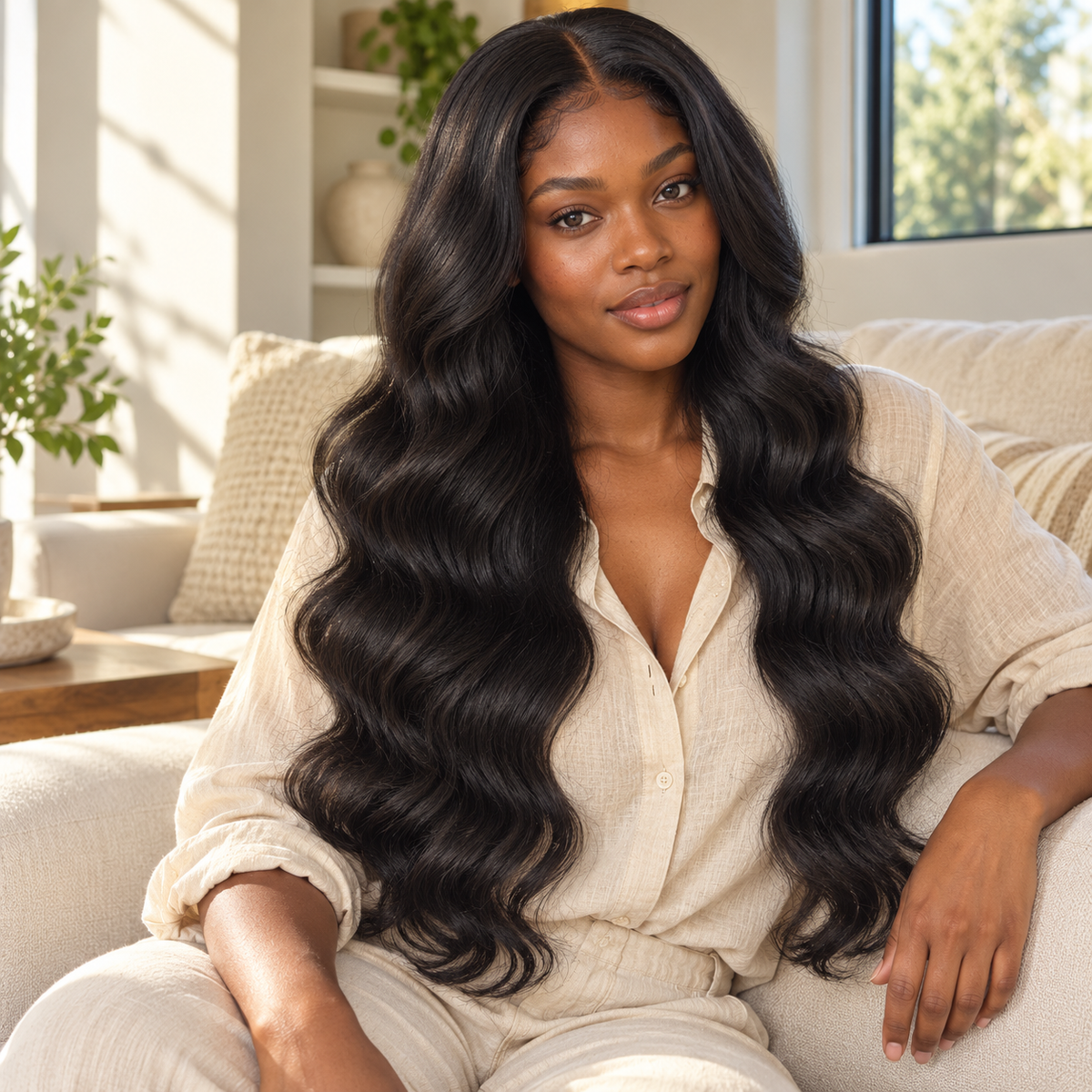Front view of a body wave human hair sew-in finished with a 4x4 middle-part lace closure