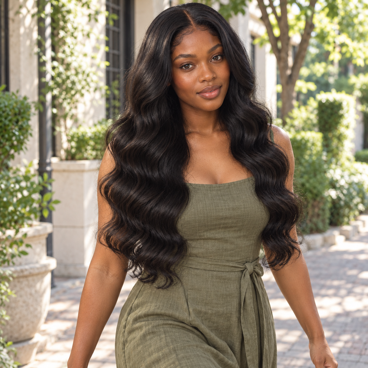 Woman wearing a 20-inch body wave human hair sew-in with a 4x4 middle-part closure, outdoors