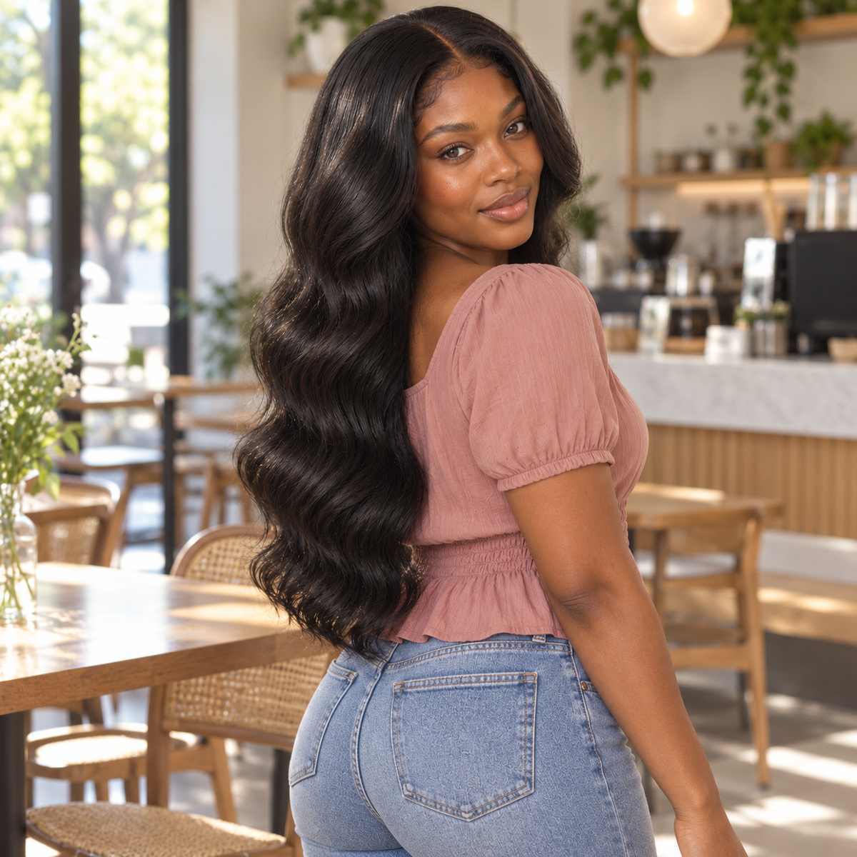 Woman wearing a 20-inch body wave human hair sew-in, seen from behind to show the full length