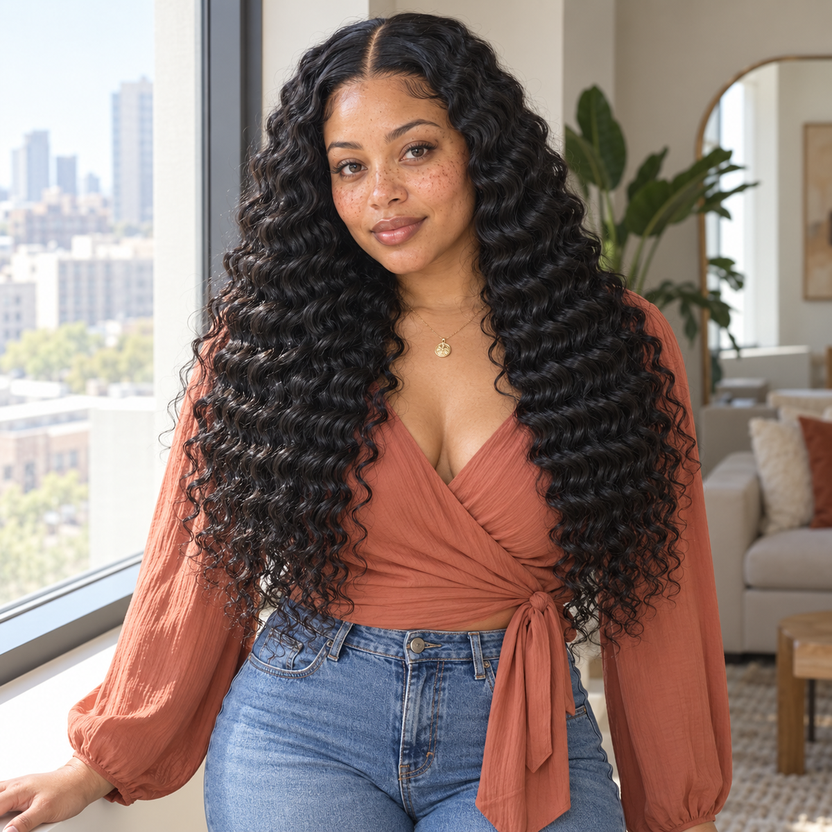 Woman wearing a 20-inch deep wave human hair sew-in with a 4x4 middle-part closure, indoors