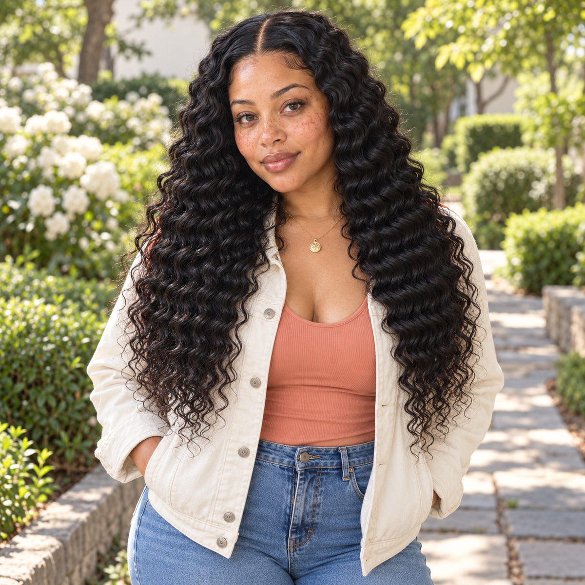 Woman wearing a 20-inch deep wave human hair sew-in with a 4x4 middle-part closure, outdoors
