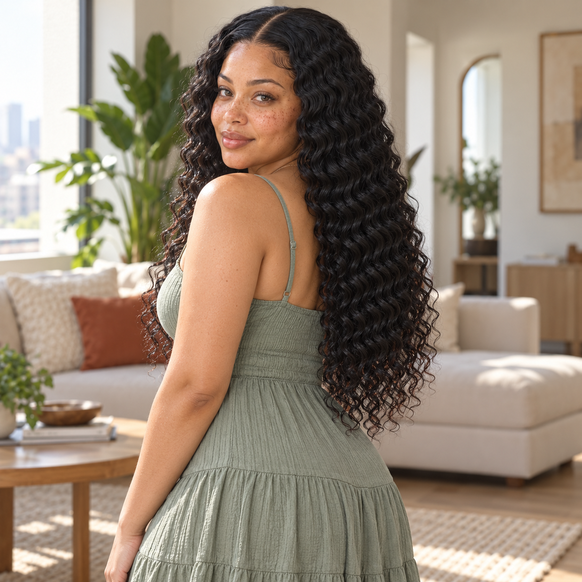 Woman wearing a 20-inch deep wave human hair sew-in, seen from behind to show the full length