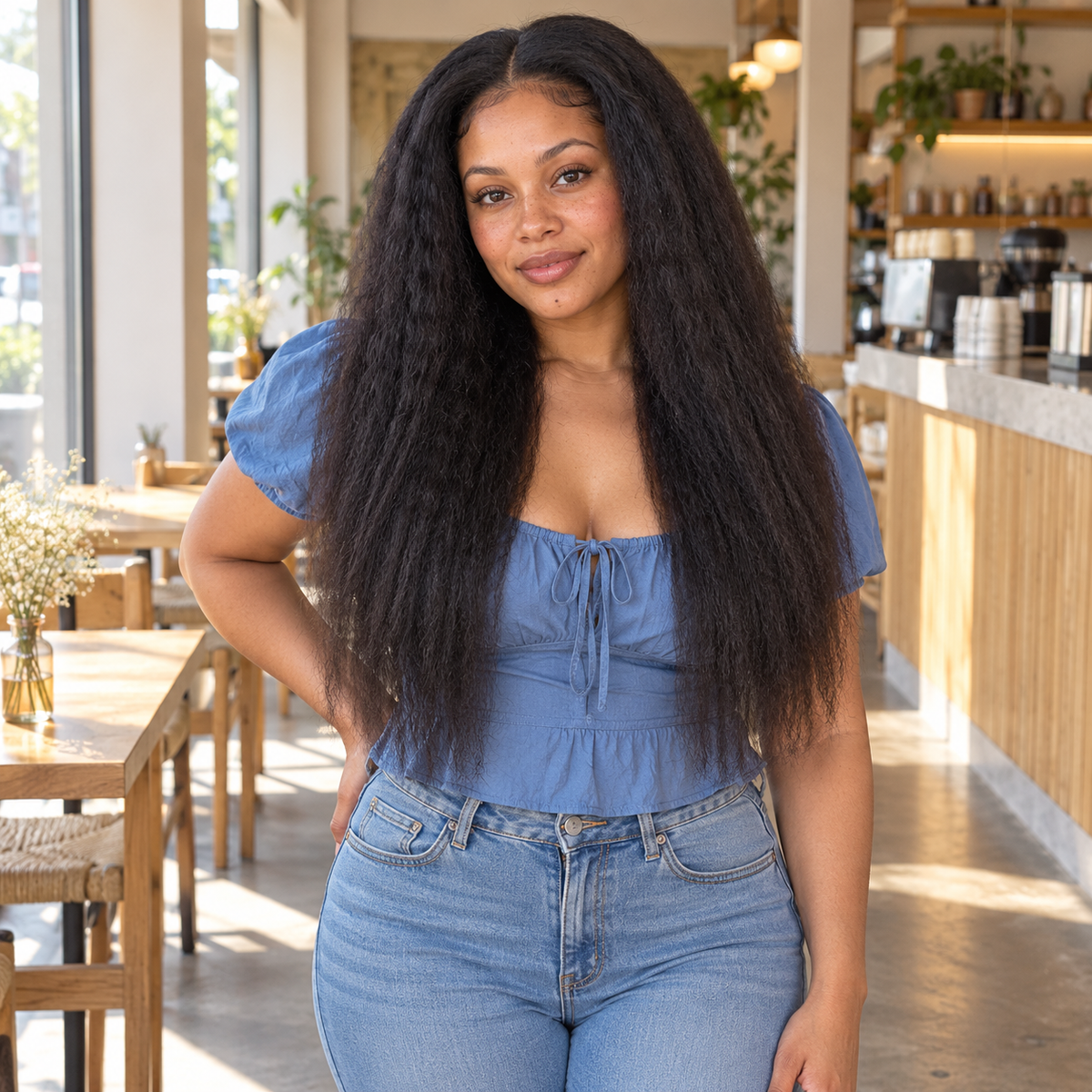Woman wearing a 20-inch kinky straight human hair sew-in with a 4x4 middle-part closure, indoors