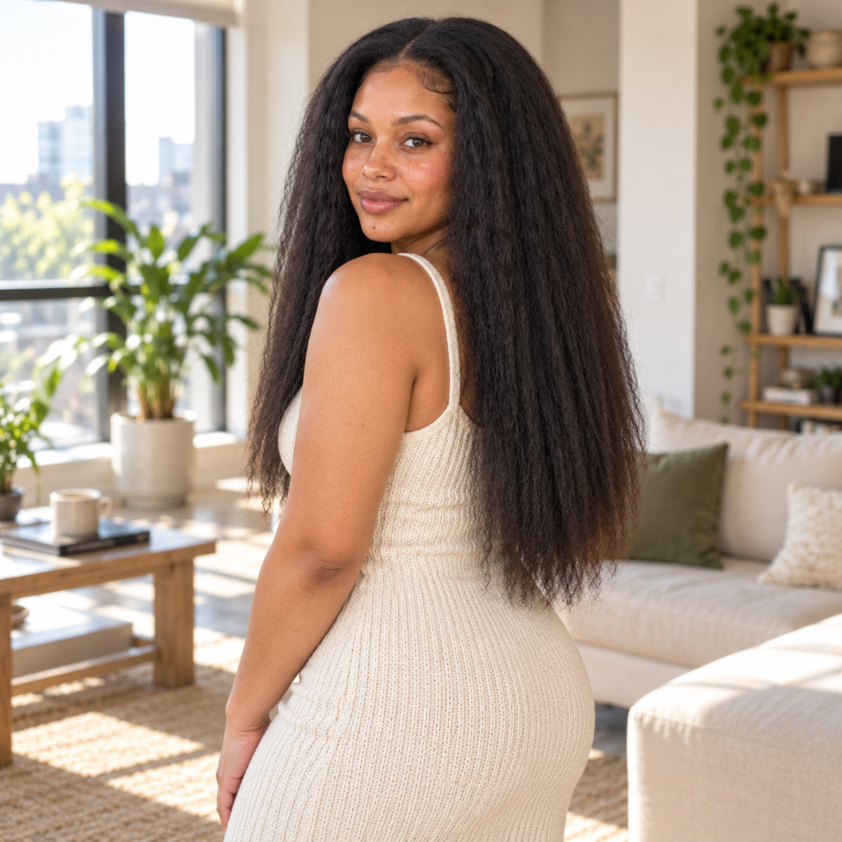 Woman wearing a 20-inch kinky straight human hair sew-in, turned to show the full length