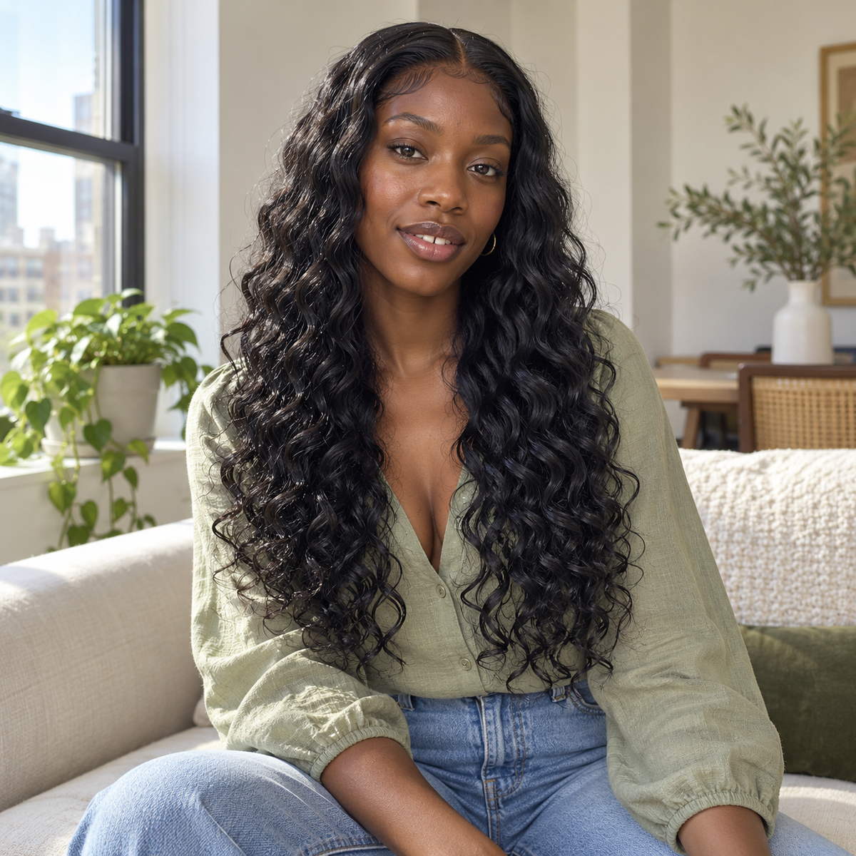 Front view of a water wave human hair sew-in finished with a 4x4 middle-part lace closure
