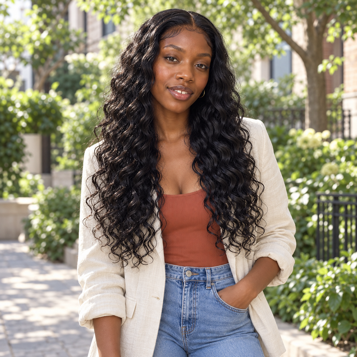 Woman wearing a 20-inch water wave human hair sew-in with a 4x4 middle-part closure, outdoors