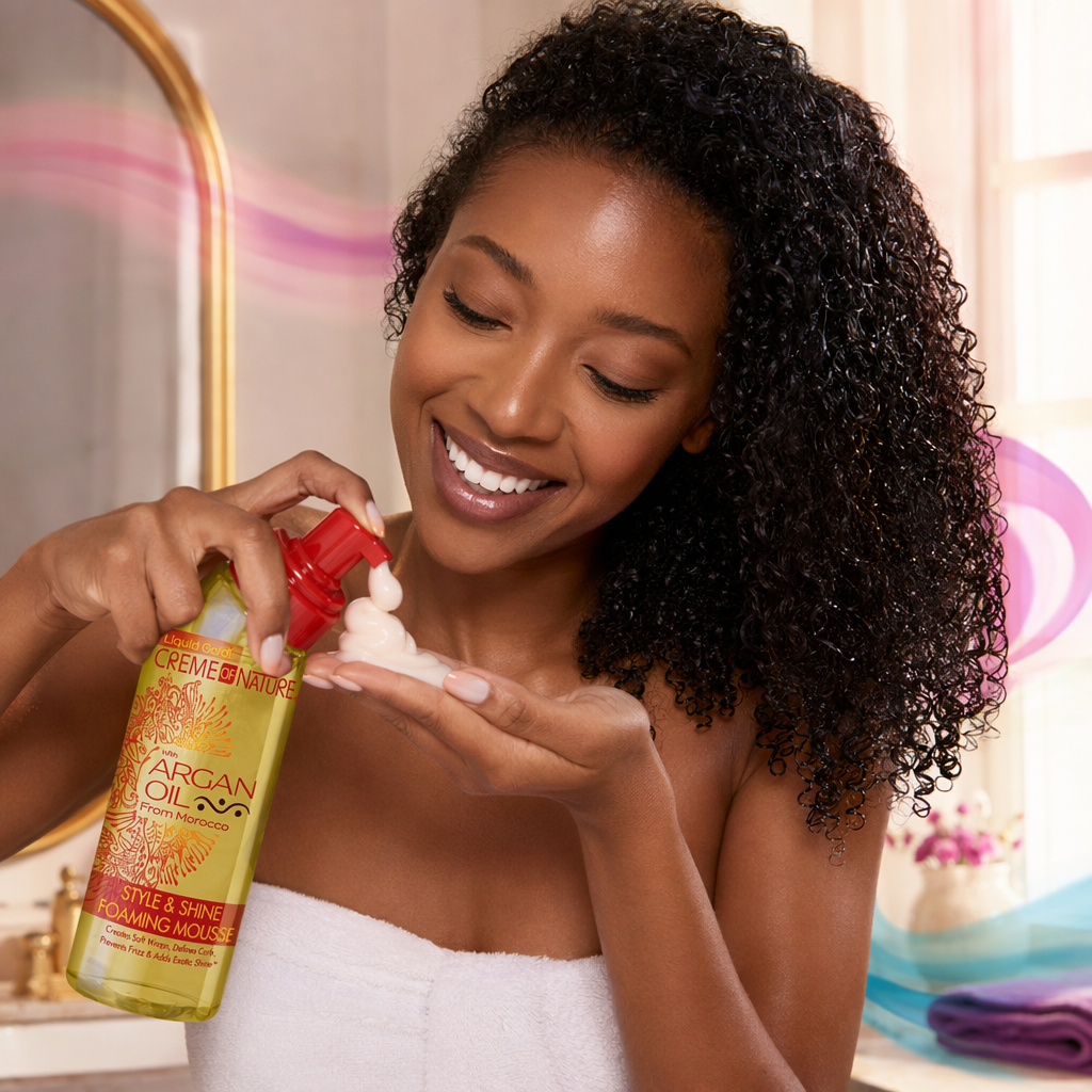 CREME OF NATURE Argan Oil Foaming Mousse (7oz) - usage