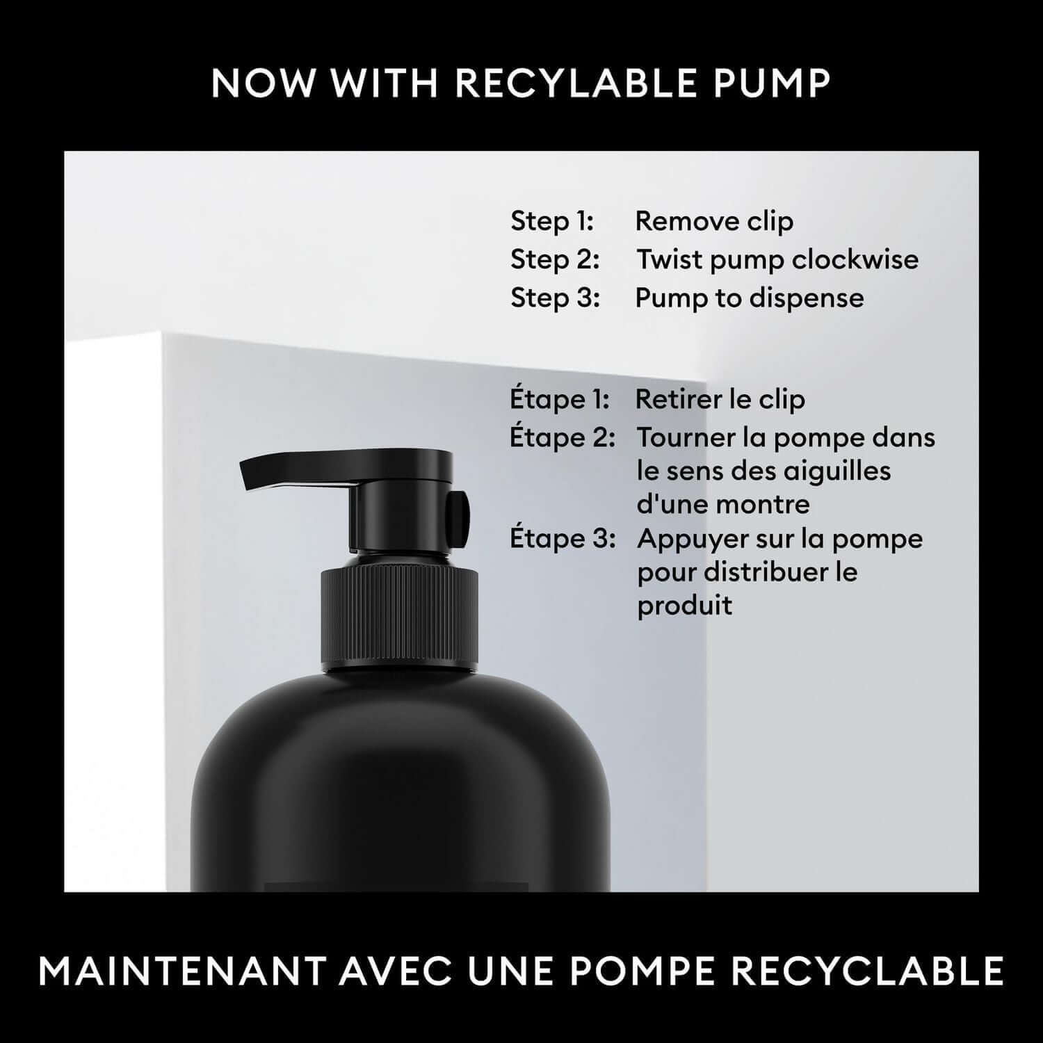 Step-by-step instructions for using TRESemmé Rich Moisture+ Hyaluronic Plex Hydrating Shampoo with recyclable pump.