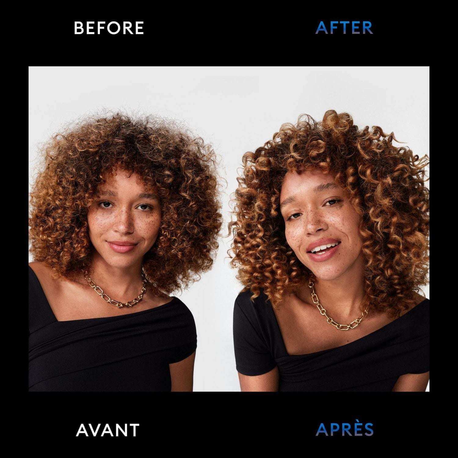 Before and after transformation using TRESemmé Rich Moisture+ Hyaluronic Plex Hydrating Shampoo on curly hair.