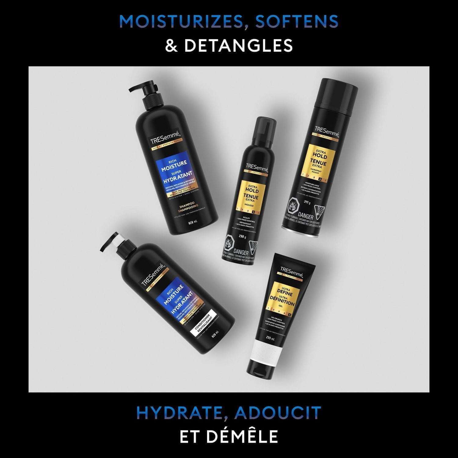 TRESemmé Rich Moisture+ Hyaluronic Plex Hydrating Shampoo and other TRESemmé products for hydration and detangling.
