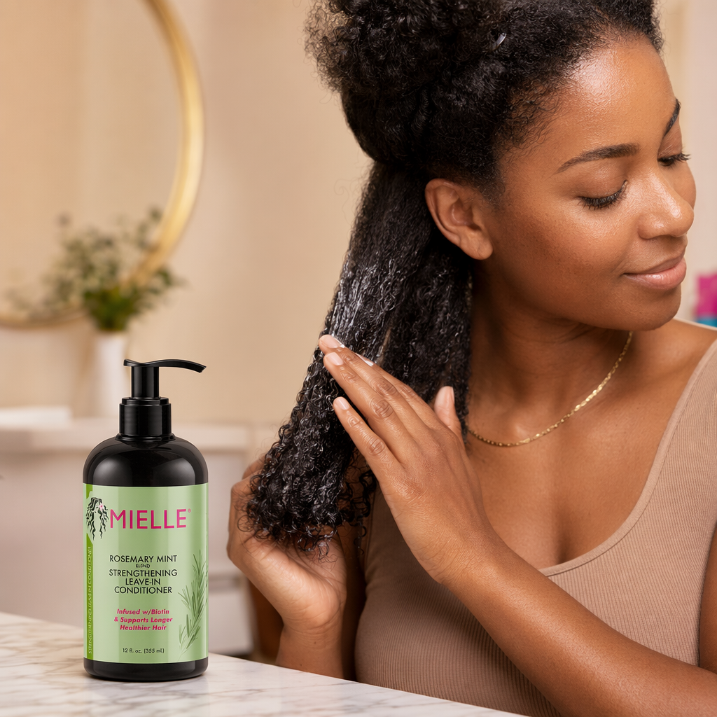 MIELLE Rosemary Mint Strengthening Leave In Conditioner (12oz) - usage