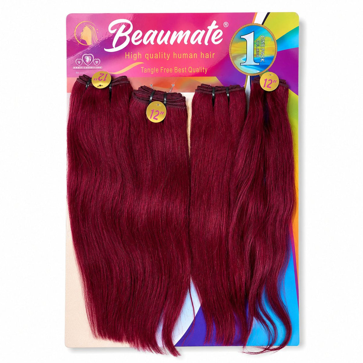 Beaumate 12" straight blended human hair in 99J Burgundy, photo 3
