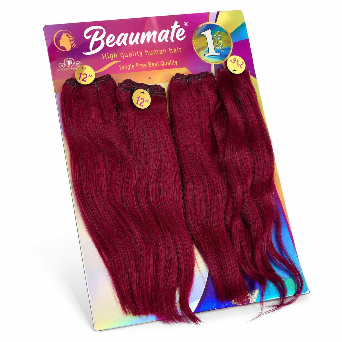 Beaumate 12" straight blended human hair in 99J Burgundy, photo 4