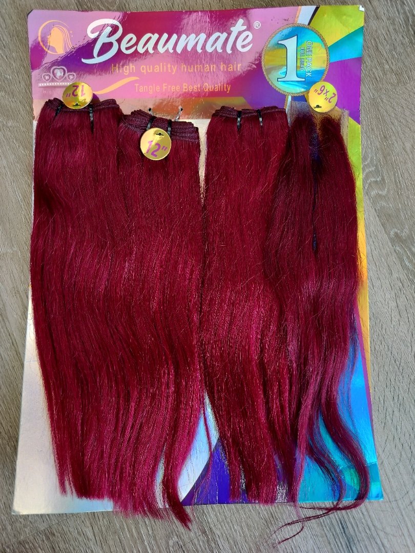 Beaumate 12" straight blended human hair in 99J Burgundy, photo 5