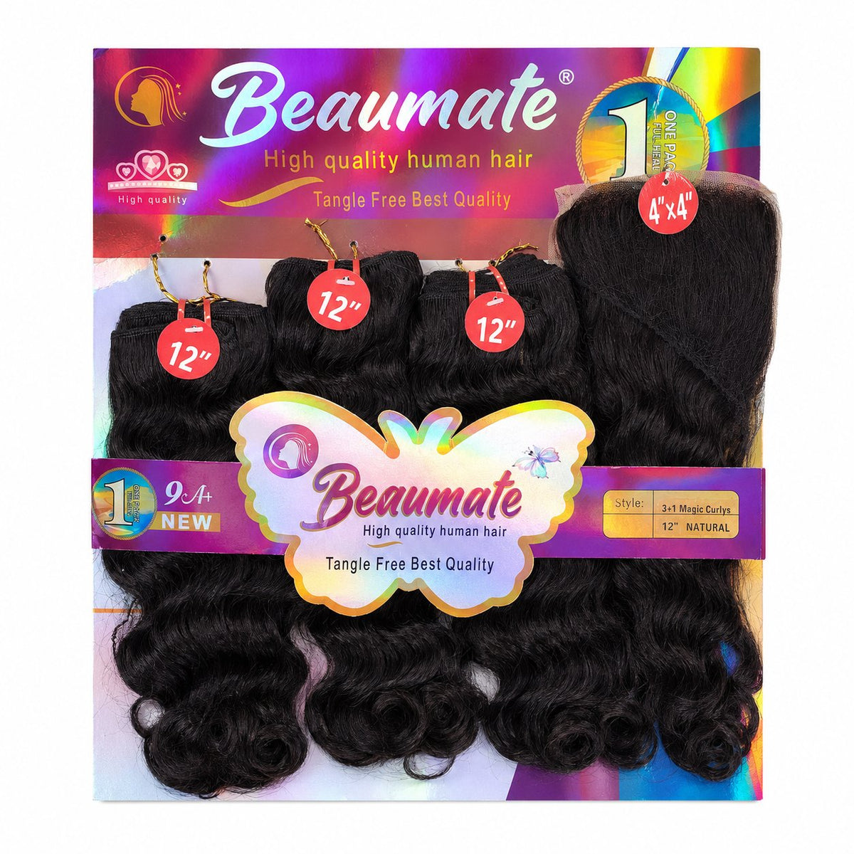 Beaumate 12" Magic Curly blended human hair pack, Natural Black