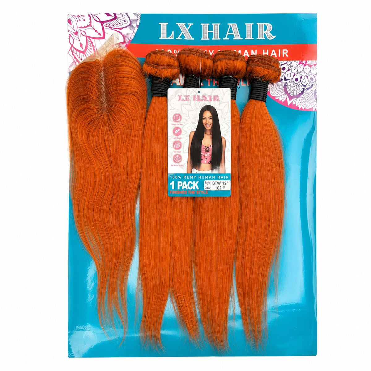 LX Hair 12" Straight blended human hair pack, Orange