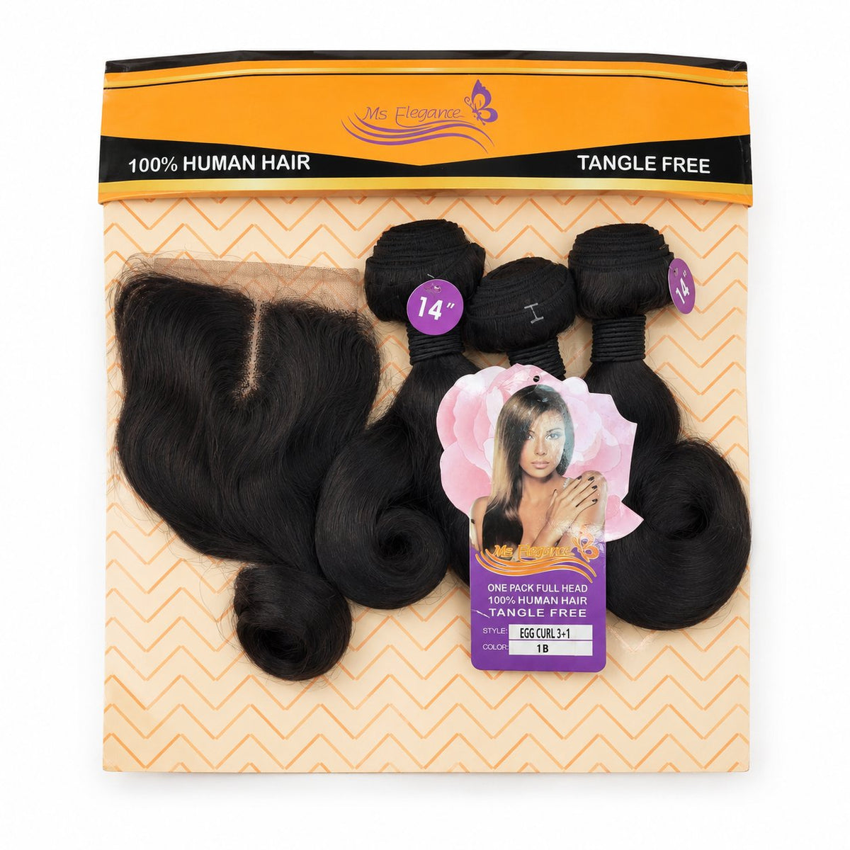 Ms Elegance 14" Egg Curl blended human hair pack, 1B Natural Black