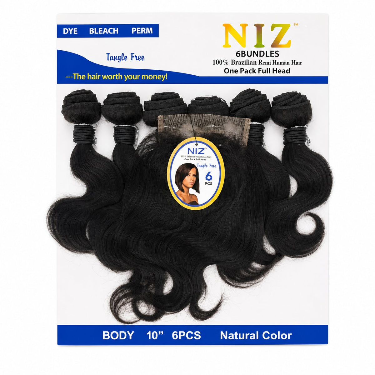 NIZ 10" Body Wave blended human hair pack, Natural
