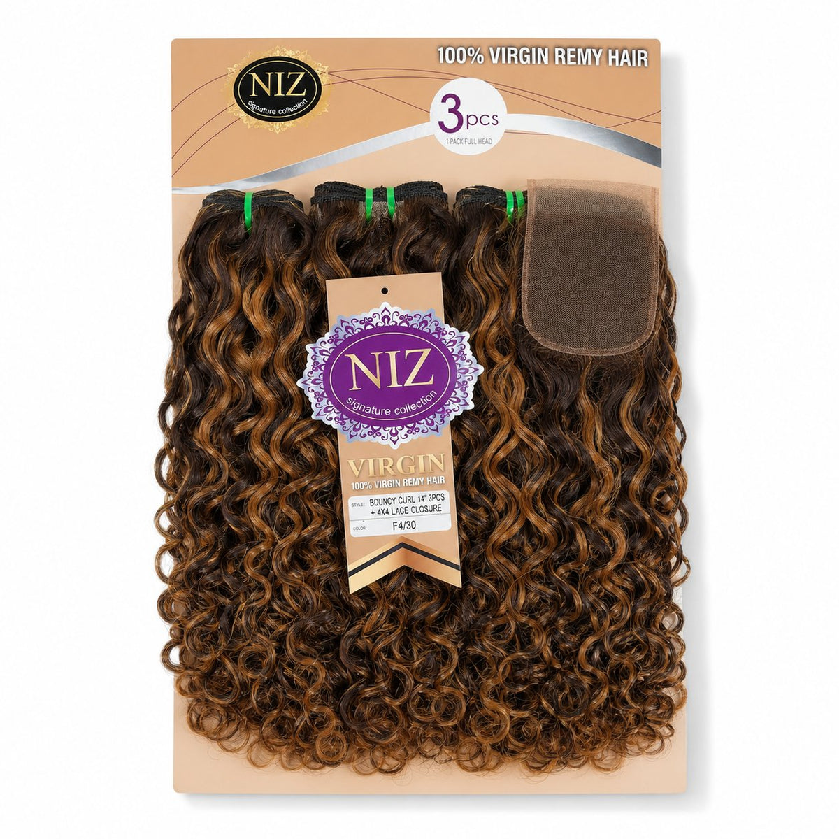 NIZ 14" Bouncy Curl blended human hair pack, F4/30 Highlight