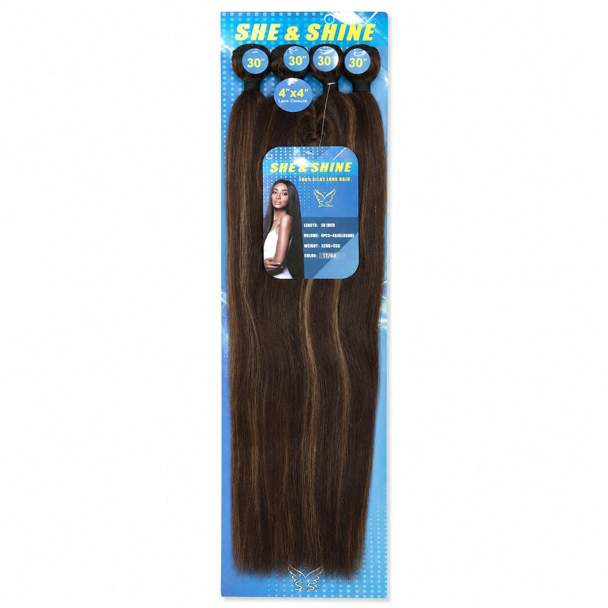 She & Shine 30" Straight blended human hair pack, 1T/6 Ash Brown Highlight