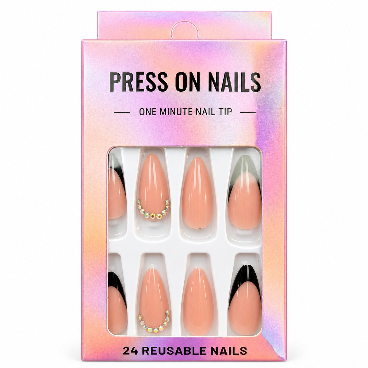 Black French Tip Almond press-on nails, long length, in a 24-piece box