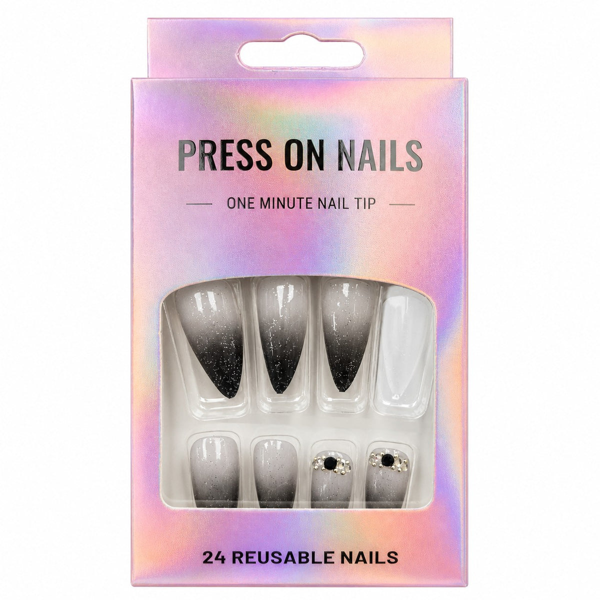 Black Ombré Glitter Stiletto press-on nails, long length, in a 24-piece box