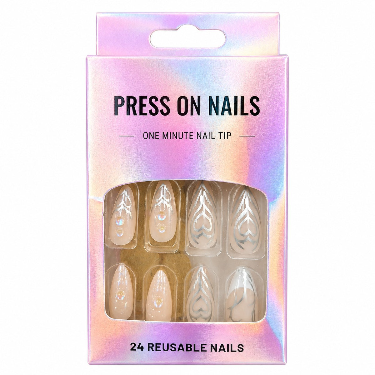 Clear Nude Almond with White Swirl & Pearls press-on nails, medium length, in a 24-piece box