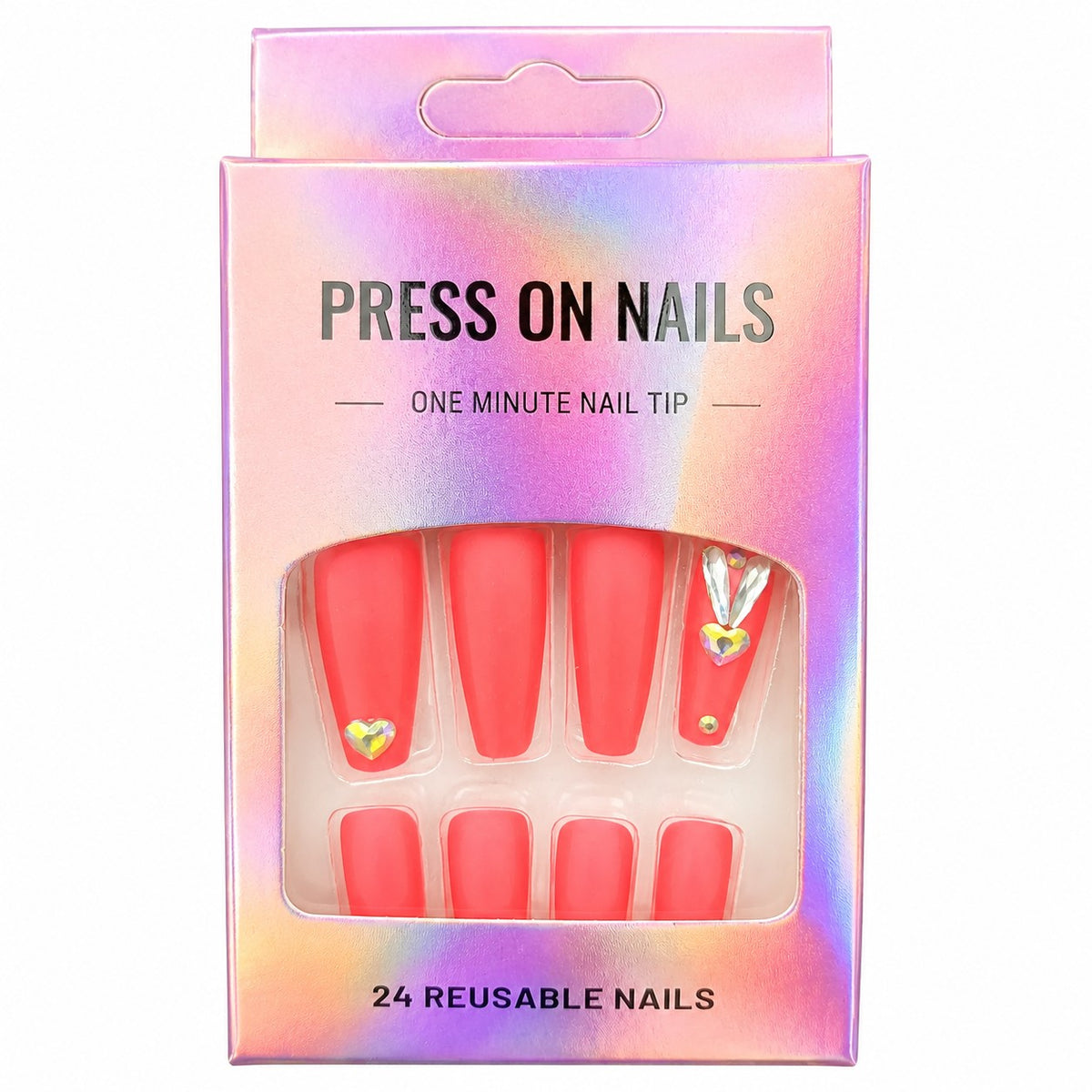 Coral Pink Matte Coffin with Rhinestones press-on nails, long length, in a 24-piece box