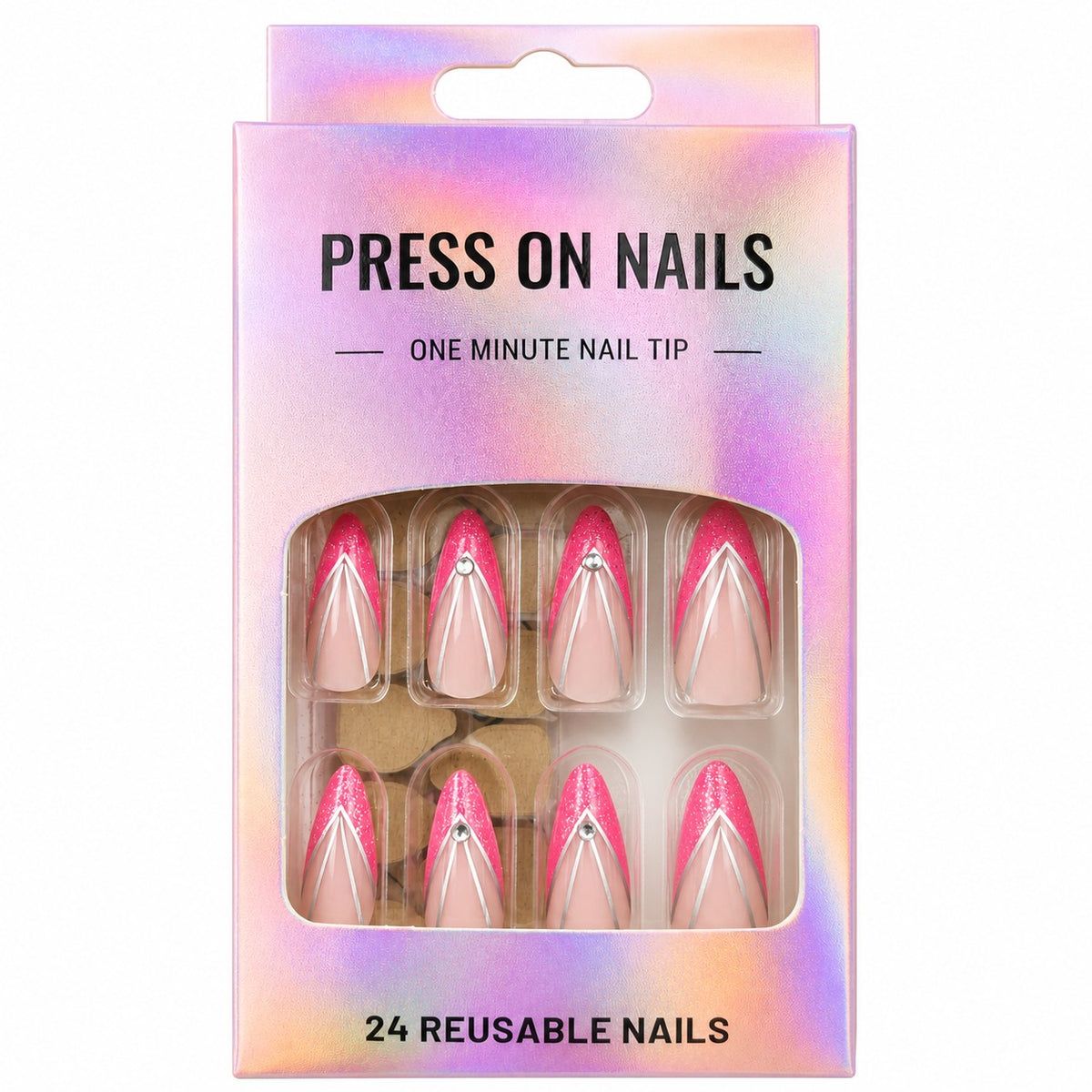 Hot Pink Glitter French Stiletto press-on nails, long length, in a 24-piece box